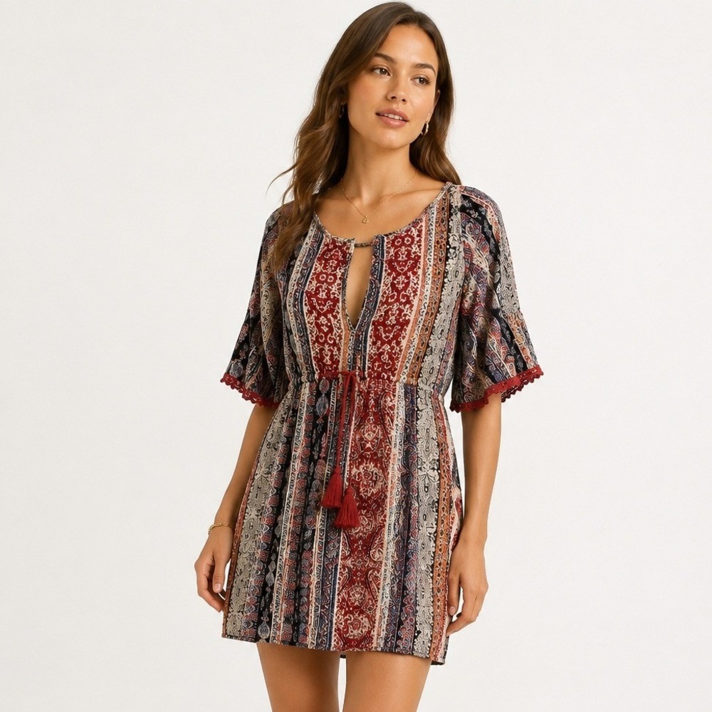 Paper Crane Women Paisley Patchwork Tassel Mini Dress Red Blue Small